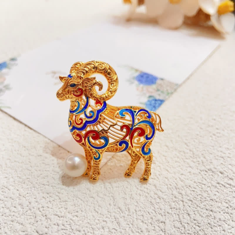 Buddha Stones Copper Goat Enamel Pearl Luck Brooch - image 4