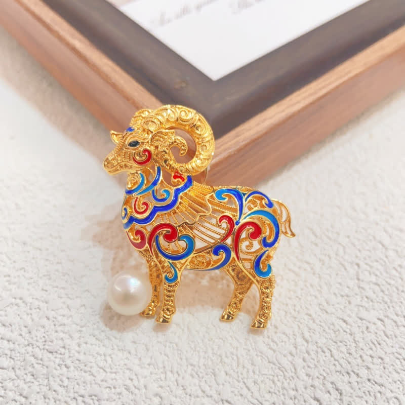 Buddha Stones Copper Goat Enamel Pearl Luck Brooch - image 7
