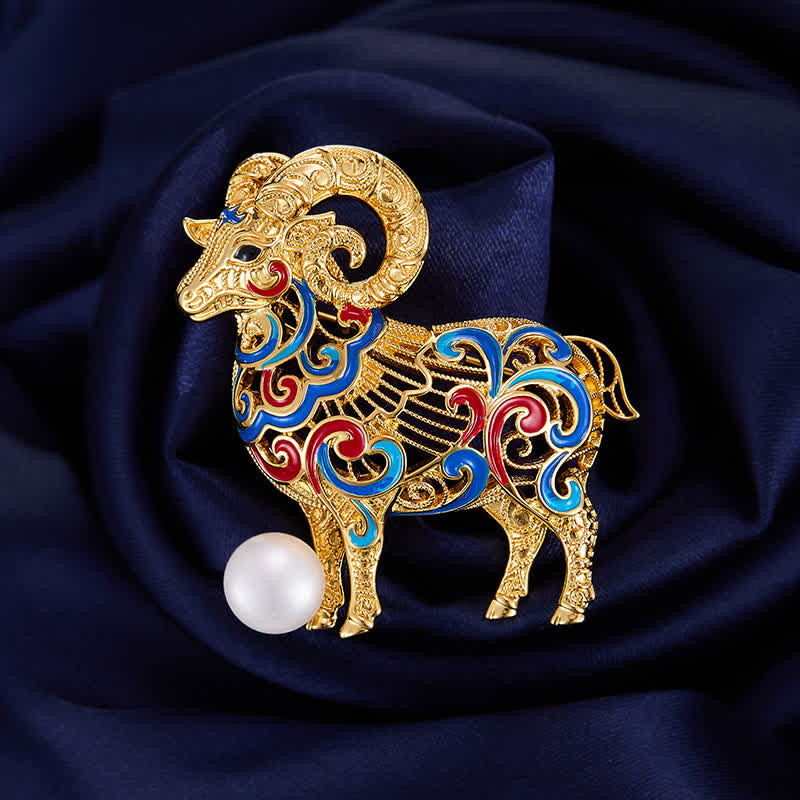 Buddha Stones Copper Goat Enamel Pearl Luck Brooch - Goat - image 0