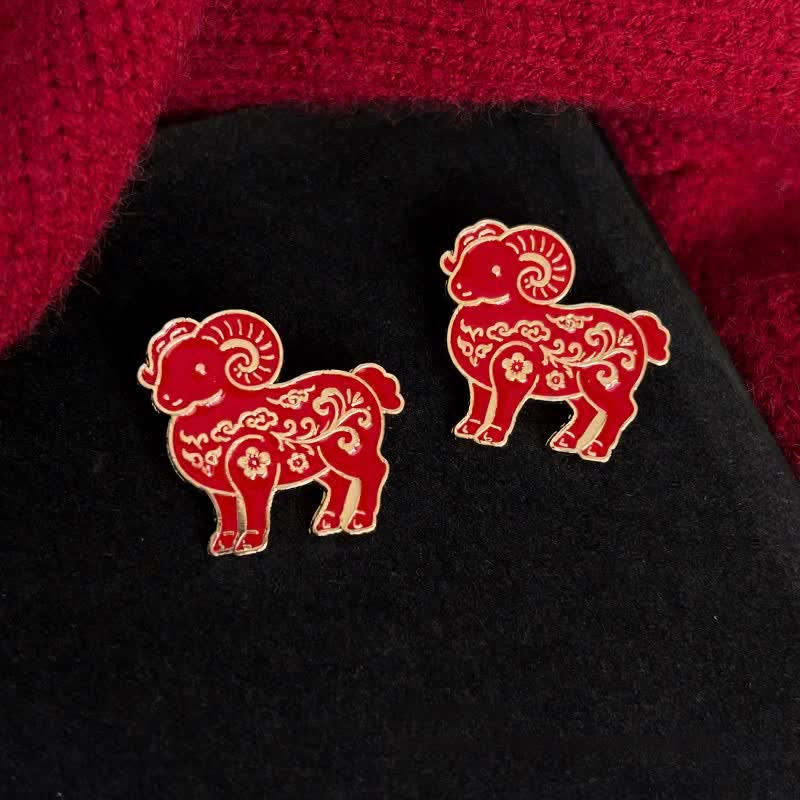 Buddha Stones Red And Gold Chinese Zodiac Goat Prosperity Brooch - Goat - image 0