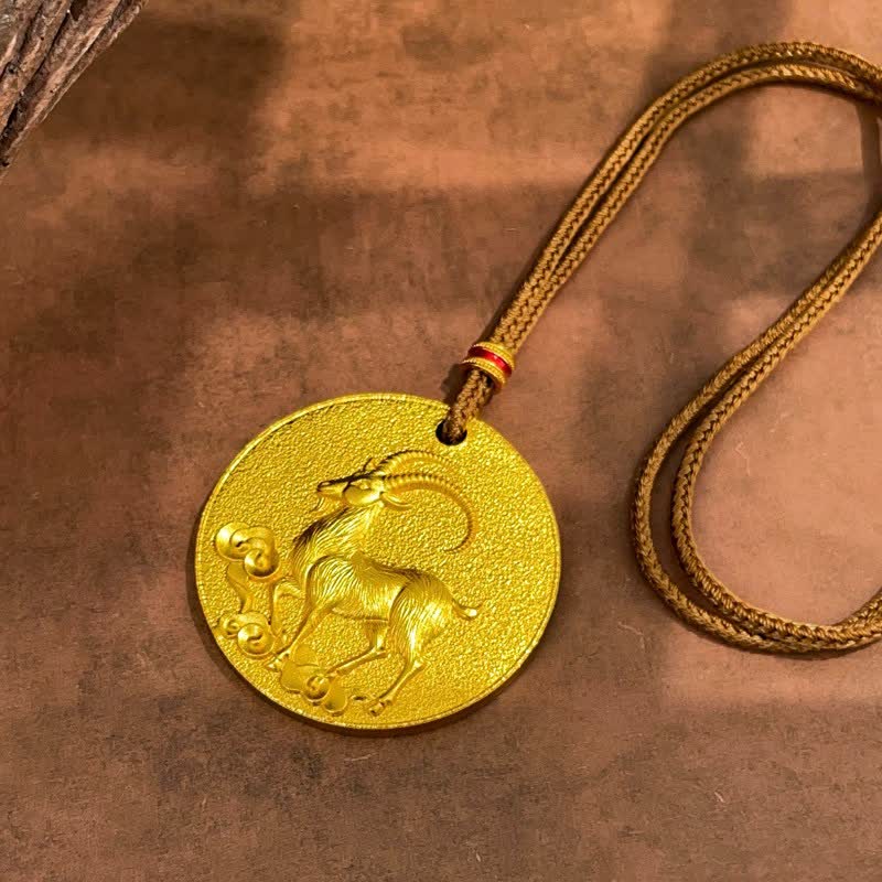 Buddha Stones Copper Relief Carved Goat Zodiac Luck Round Pendant Necklace - Gold Cord - image 1