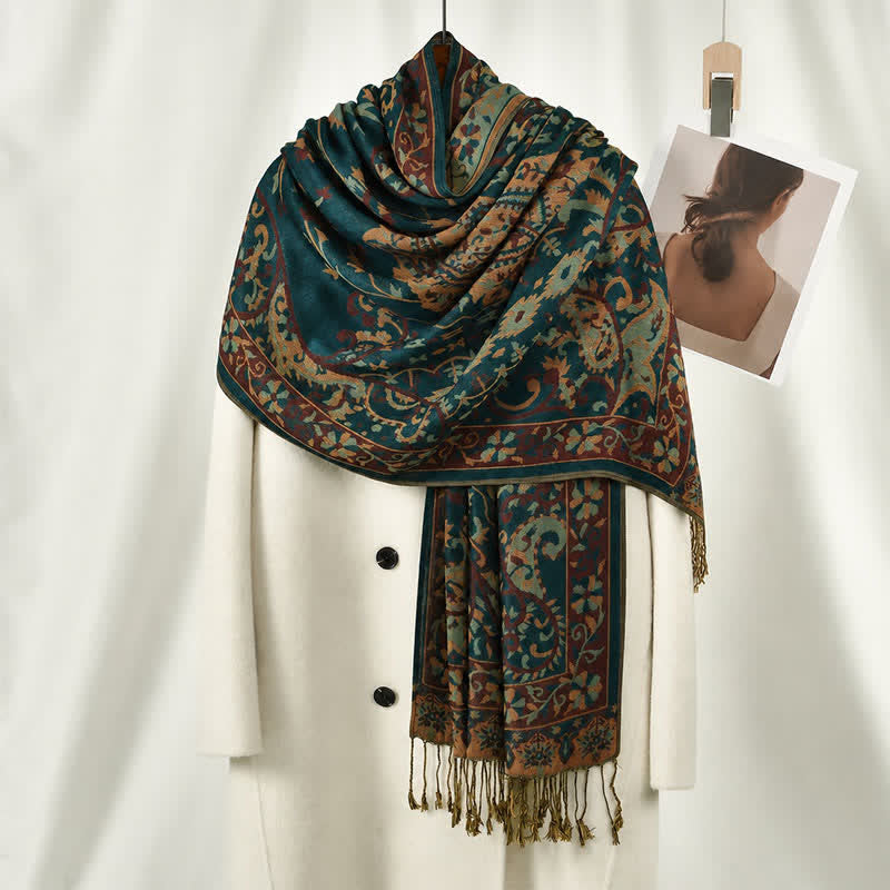 Buddha Stones Fall Winter Vintage Floral Vines Tassel Women's Shawl - Teal - image 0