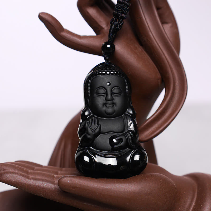 Buddha Stones Natural Black Obsidian Crystal Buddha Strength Protection Amulet Lucky Charm Pendant Necklace - image 3