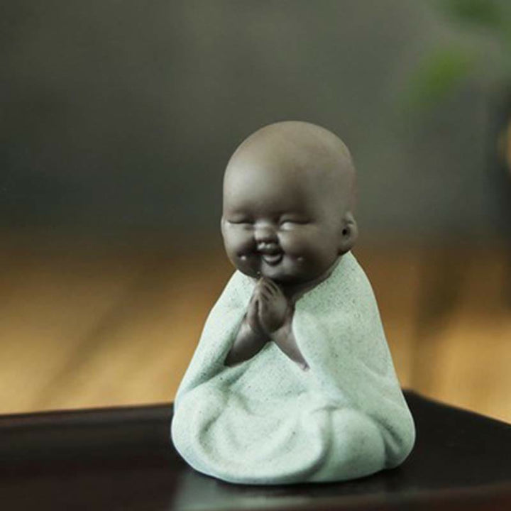 Buddha Stones Always Smiling Laughing Buddha Wealth Luck Purple Clay Maitreya Statue Decoration - Praying Green Little Monk - image 16