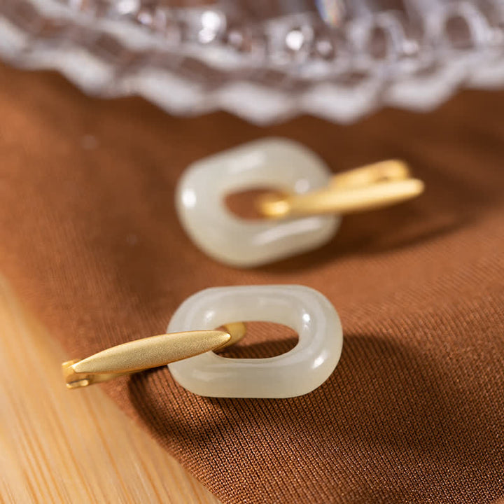 925 Sterling Silver Round White Jade Happiness Blessing Earrings - image 1