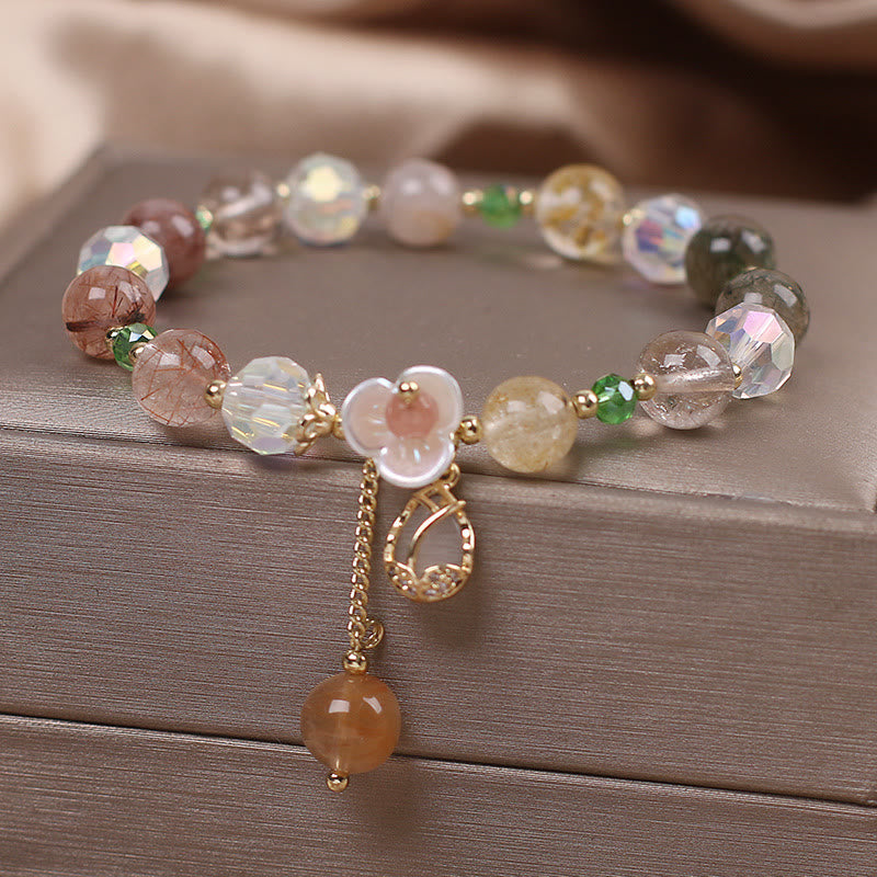 Buddha Stones Strawberry Quartz Rutilated Quartz Fluorite Flower Healing Bracelet