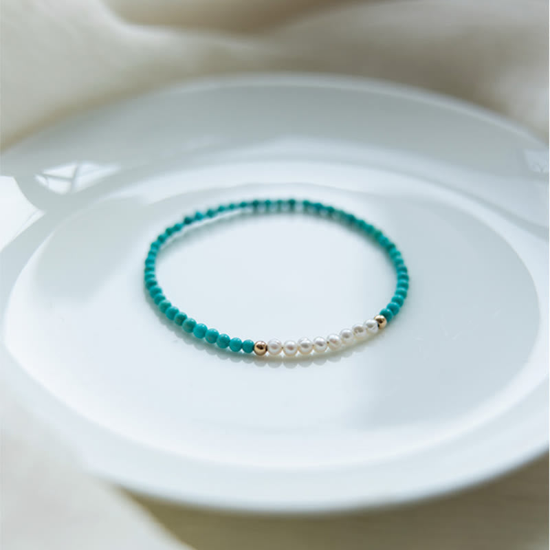 Buddha Stones 925 Sterling Silver Natural Turquoise Pearl Beaded Bracelet - image 6