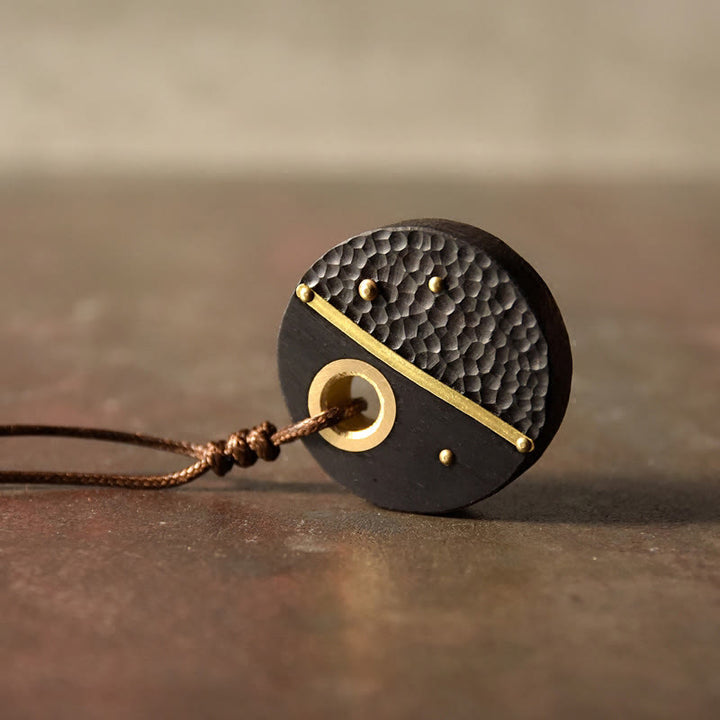 Buddha Stones Handcrafted Round Ebony Wood Brass Copper Peace Necklace Pendant - image 2