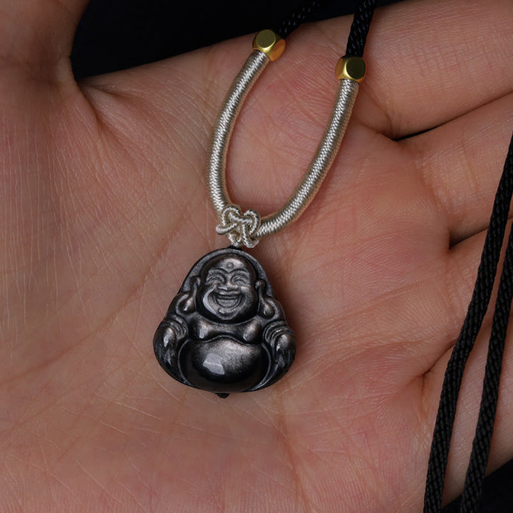 Buddha Stones Natural Silver Sheen Obsidian Laughing Buddha Protection Necklace Pendant - image 9