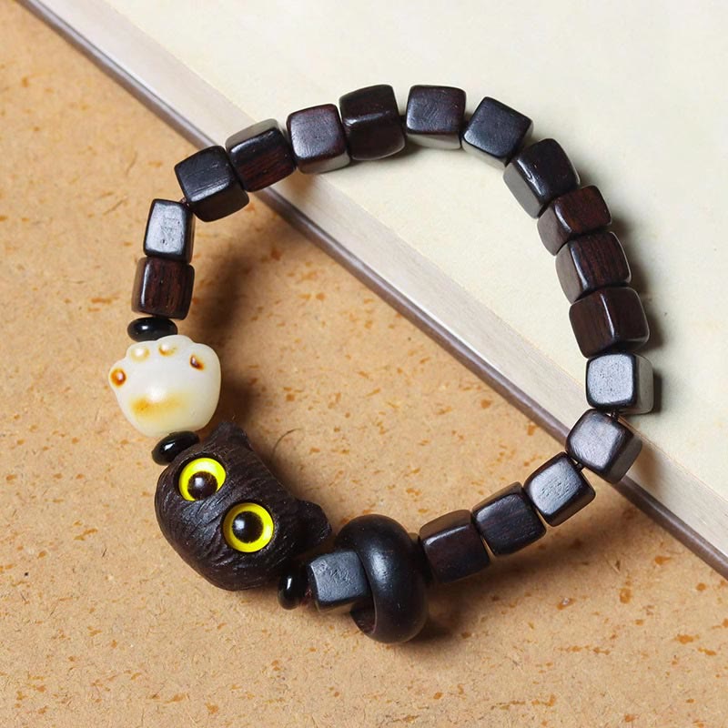 Buddha Stones Ebony Wood Cute Cat Bodhi Seed Paw Claw Square Beads Calm Bracelet - Ebony Wood(Balance♥Calm)(Wrist Circumference 14-16cm) - image 1