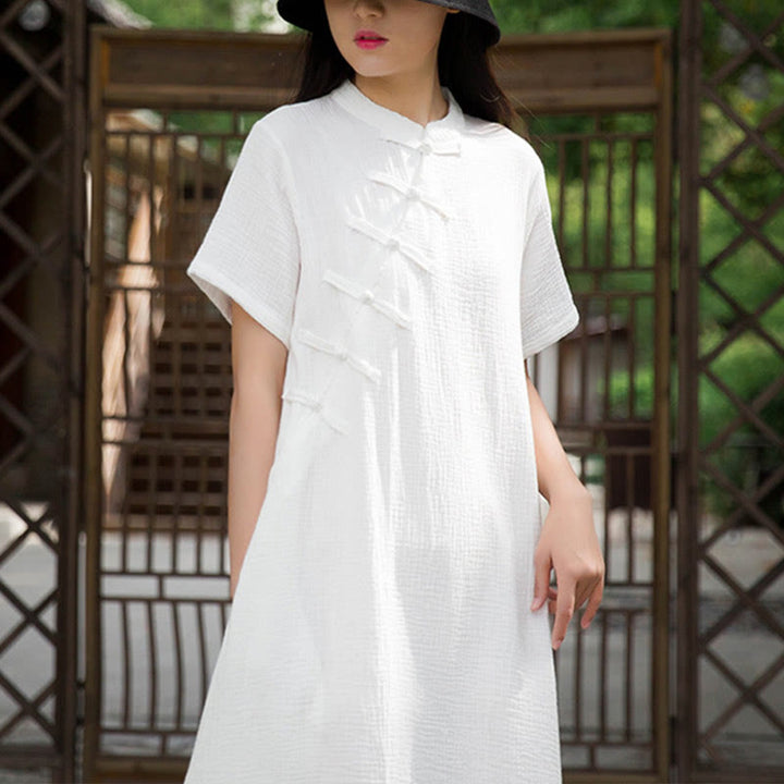 Buddha Stones Frog-Button Midi Dress Cotton Linen Short Sleeve Dress With Pockets