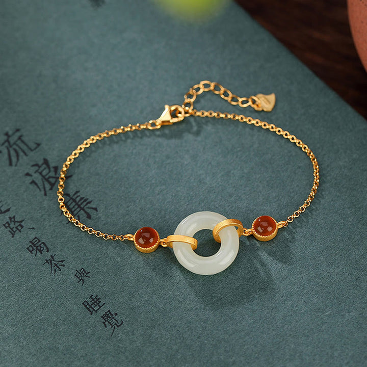 Buddha Stones 925 Sterling Silver Plated Gold Natural Hetian Jade Peace Buckle Red Agate Luck Bracelet - Hetian Jade(Prosperity♥Abundance)(Bracelet Size 16+3cm) - image 0