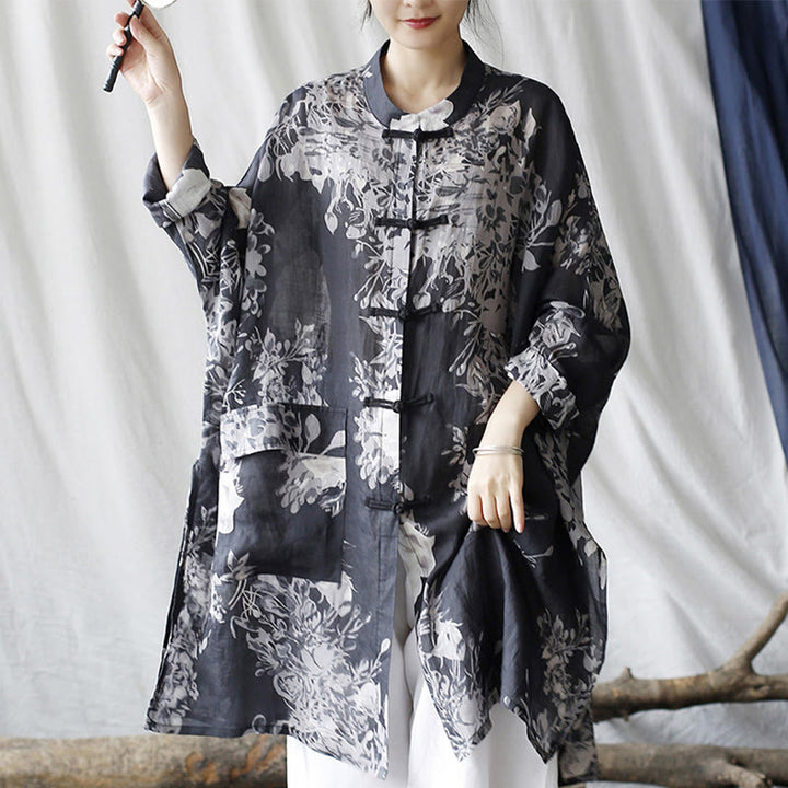 Buddha Stones Blue White Flowers Frog-Button Long Sleeve Ramie Linen Jacket Shirt With Pockets