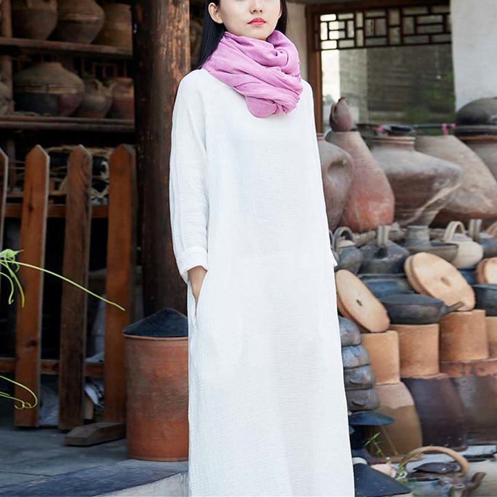 Buddha Stones Simple Midi Dress Cotton Linen Zen Tunic Dress With Pockets