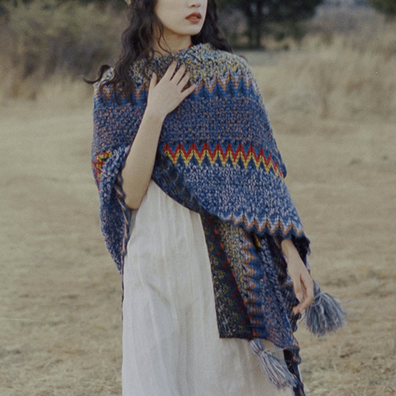 Buddha Stones Tibetan Shawl Soft Warm Knitting Cloak Winter Tibetan Tassel Scarf - image 12