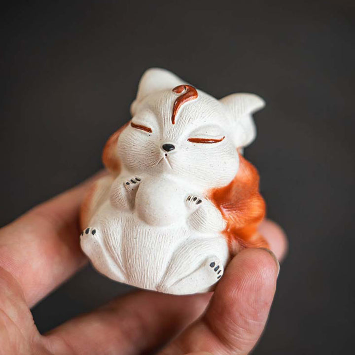 Buddha Stones Mini Nine Tailed Fox Purple Clay Luck Desk Decoration
