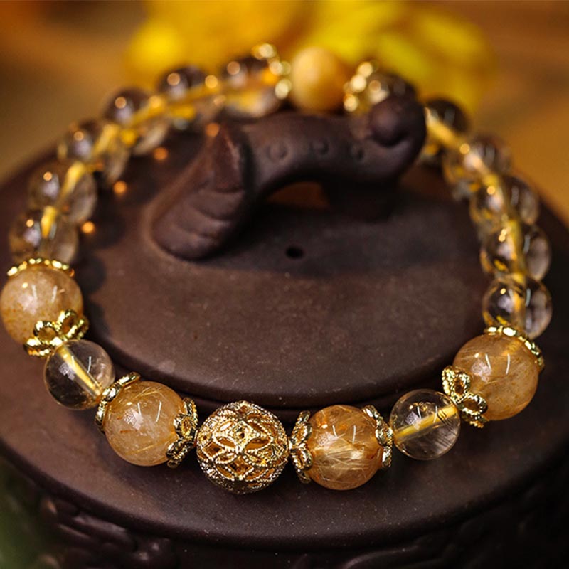 Buddha Stones Natural Citrine Amethyst Rutilated Quartz Prosperity Protection Bracelet