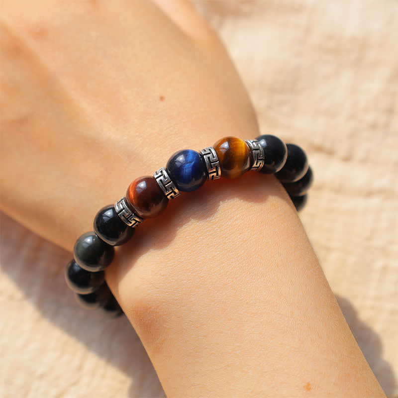 Buddha Stones Natural Black Obsidian Tricolor Tiger Eye Strength Bracelet - image 8