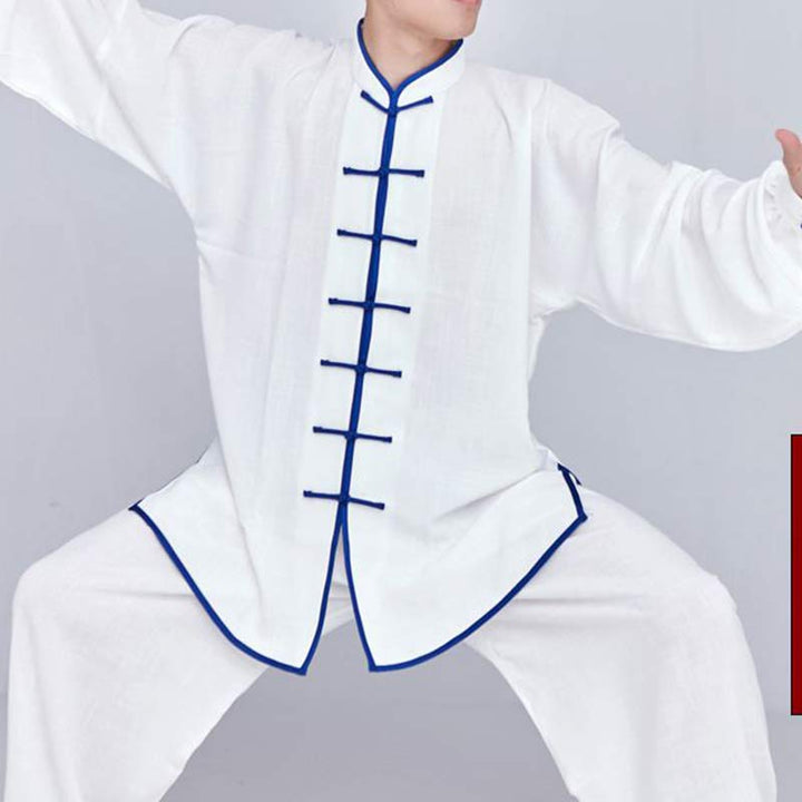 Buddha Stones Meditation Zen Prayer Spiritual Tai Chi Qigong Practice Unisex Embroidery Clothing Set - White + Blue Edge Long Sleeve - US14，UK/AU18，EU46 (3XL) - image 11