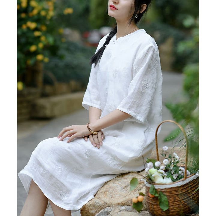 Buddha Stones Dandelion Flower Embroidery Half Sleeve Ramie Linen Chinese Cheongsam Midi Dress With Pockets