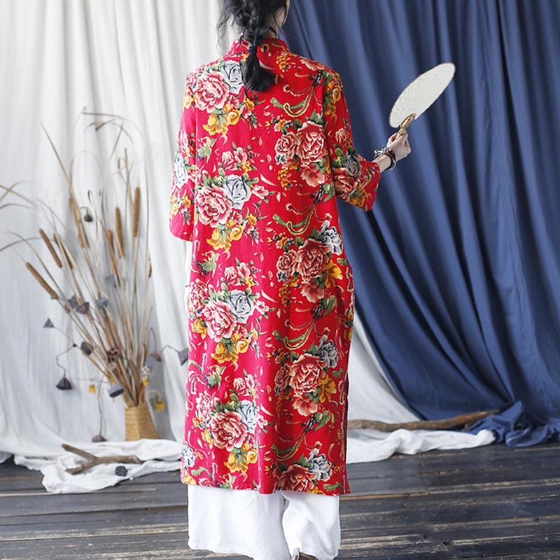 Buddha Stones Red Blue Peony Midi Dress Half Sleeve Cotton Linen Dress Wide Leg Pants With Pockets