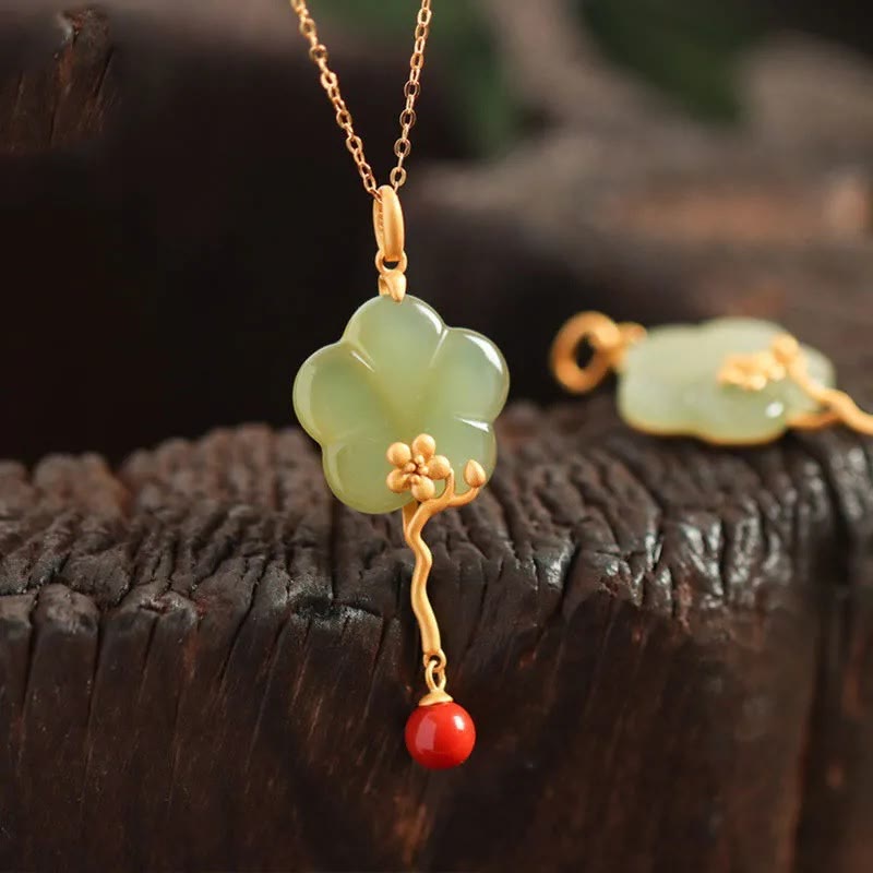 Vintage Plum Blossom Flower Jade Red Agate Prosperity Necklace Pendant - Jade(Prosperity♥Abundance) - image 0