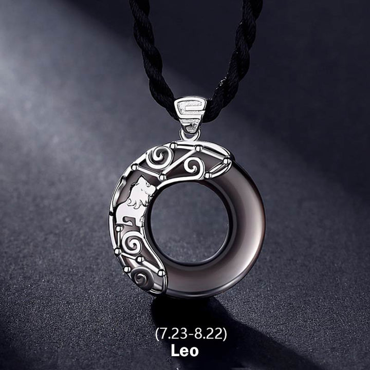 Buddha Stones 12 Constellations of the Zodiac Ice Obsidian Blessing Round Pendant Necklace - Leo - Rope - image 9