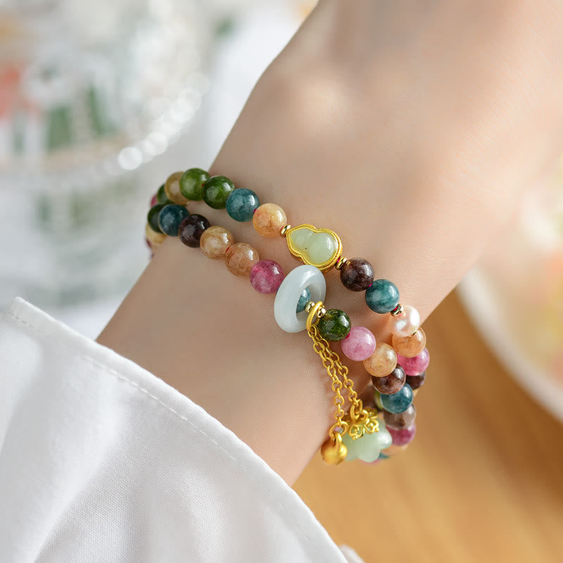 Buddha Stones Multicolored Tourmaline Gourd Wisdom Double Wrap Lily Of The Valley Charm Bracelet