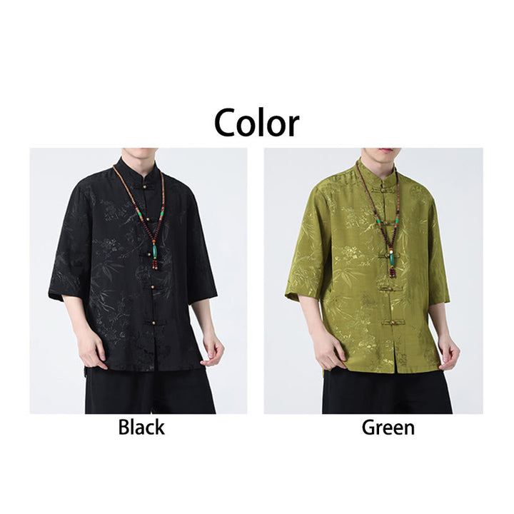 Buddha Stones Peach Blossom Bamboo Leaves Frog-button Chinese Half Sleeve Shirt Men T-shirt