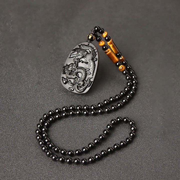 Black Obsidian Tiger Eye Dragon Phoenix Protection Beaded Necklace Pendant - image 13