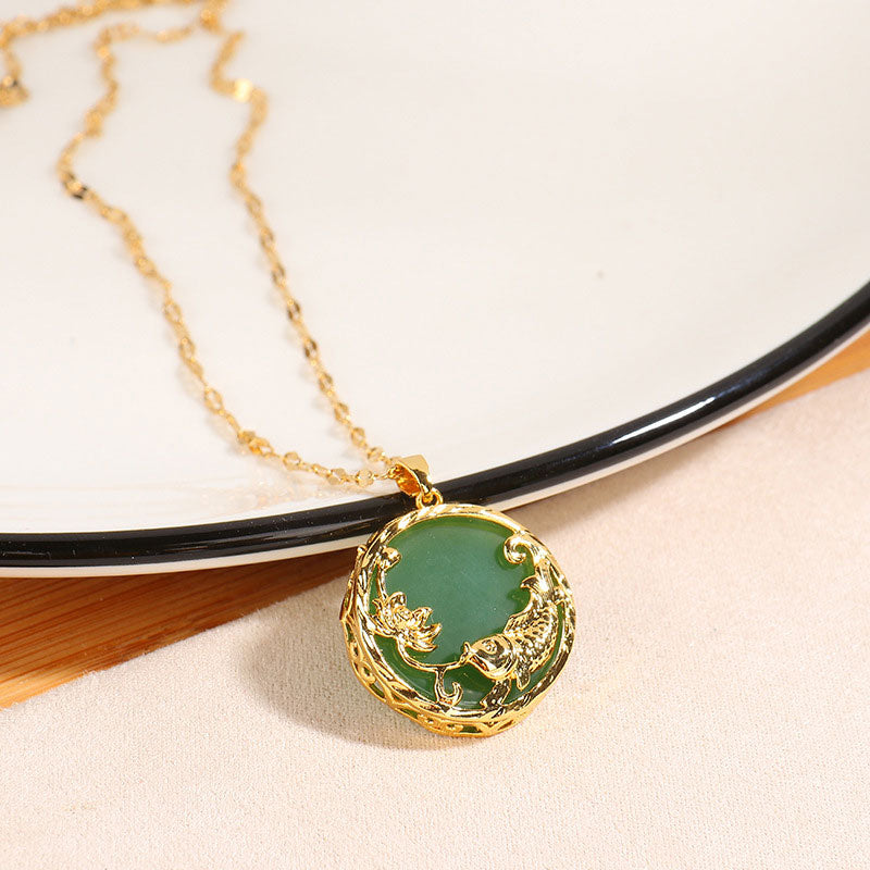 Buddha Stones Natural Jade Koi Fish Lotus Luck Necklace Pendant - image 2