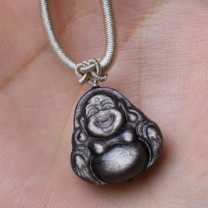 Buddha Stones Natural Silver Sheen Obsidian Laughing Buddha Protection Necklace Pendant - image 10