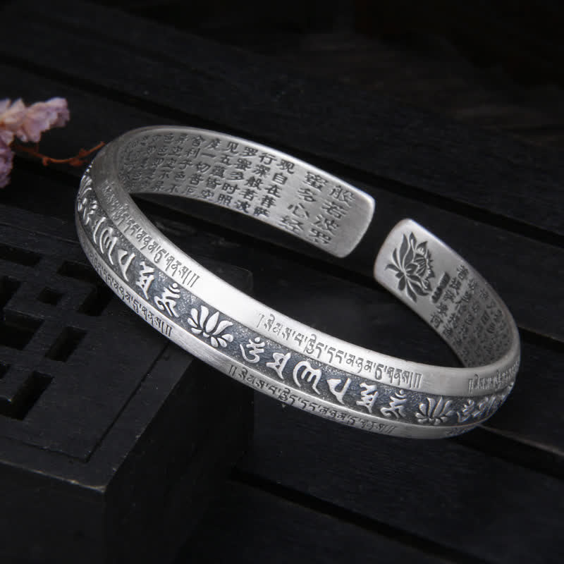 999 Sterling Silver Om Mani Padme Hum Heart Sutra Lotus Peace Bracelet Bangle - 39.19g - image 1