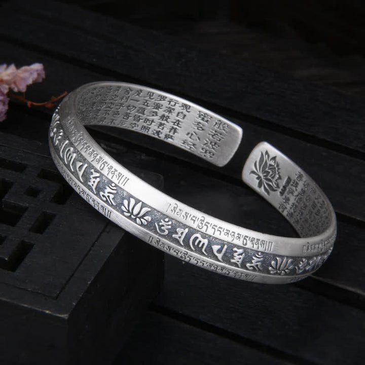 999 Sterling Silver Om Mani Padme Hum Heart Sutra Lotus Peace Bracelet Bangle - 39.19g - image 1