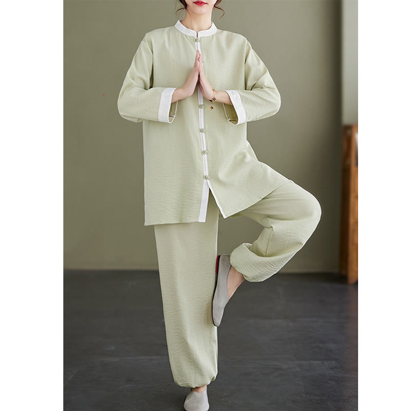 Buddha Stones 2Pcs Vintage Long Sleeve Shirt Top Pants Meditation Zen Tai Chi Cotton Linen Clothing Women's Set