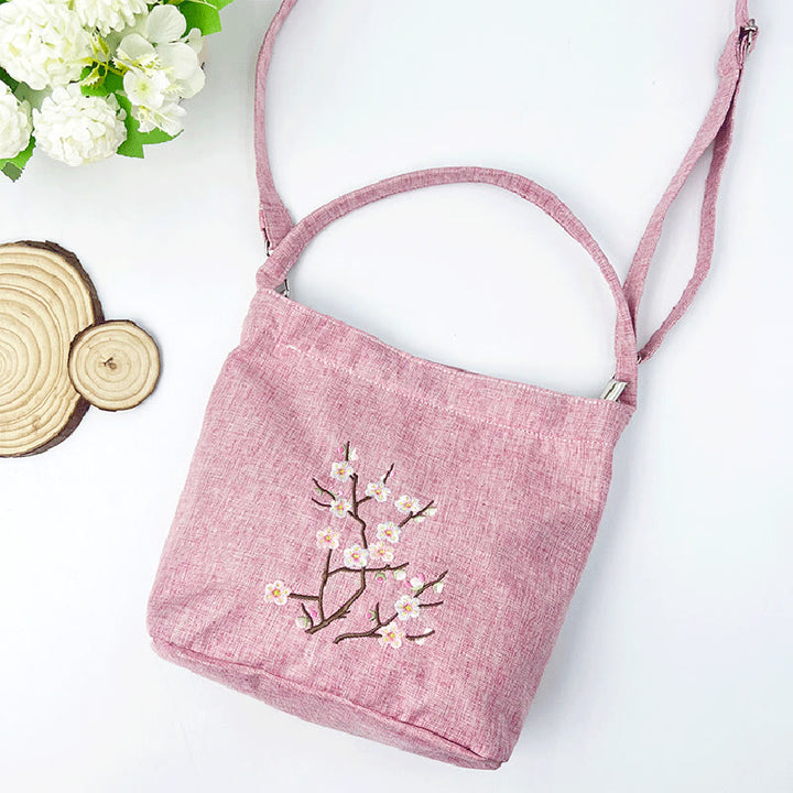 Buddha Stones Embroidery Wisteria Plum Lotus Cherry Blossom Cotton Linen Canvas Tote Crossbody Bag Shoulder Bag Handbag