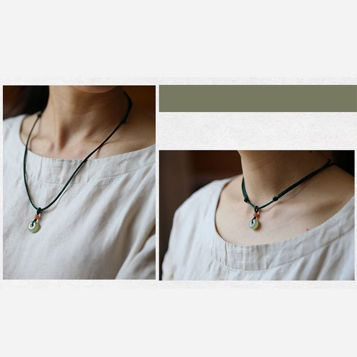 Natural Round Jade Peace Buckle Lotus Abundance String Necklace Pendant - image 5