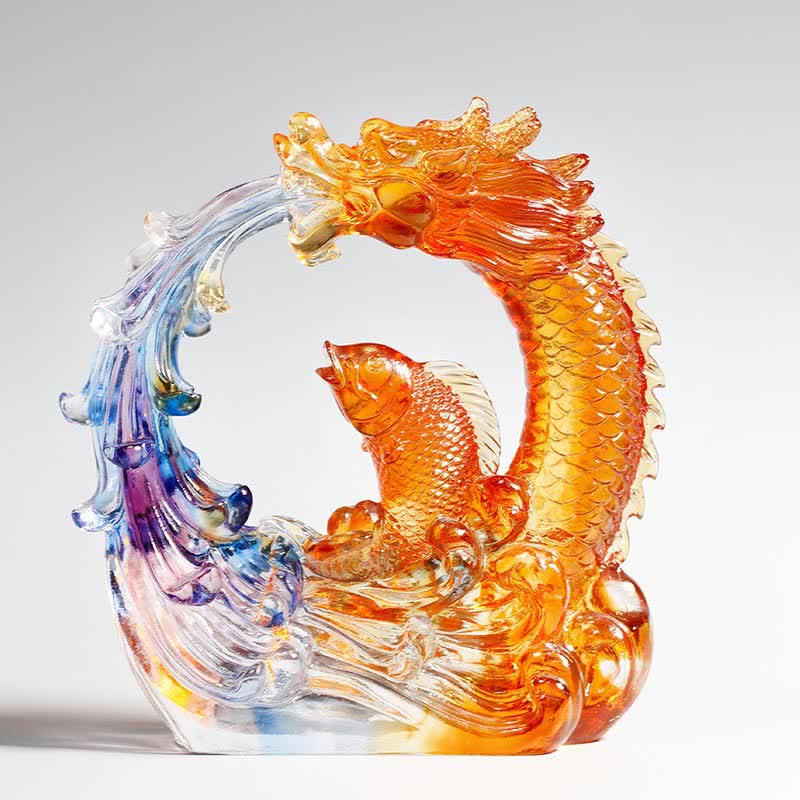 Feng Shui Dragon Koi Fish Handmade Liuli Crystal Art Piece Home Office Decoration - Dragon&Koi Fish - image 0