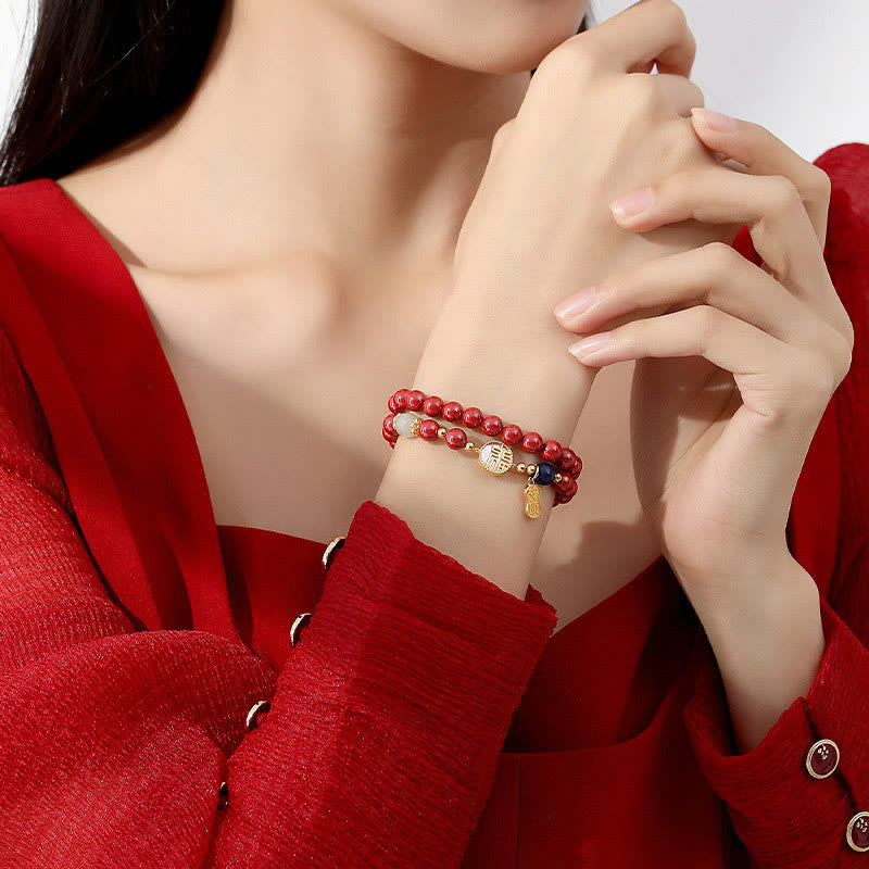 Buddha Stones 925 Sterling Silver Cinnabar Tridacna Stone Fu Character Double Wrap Blessing Bracelet - image 2