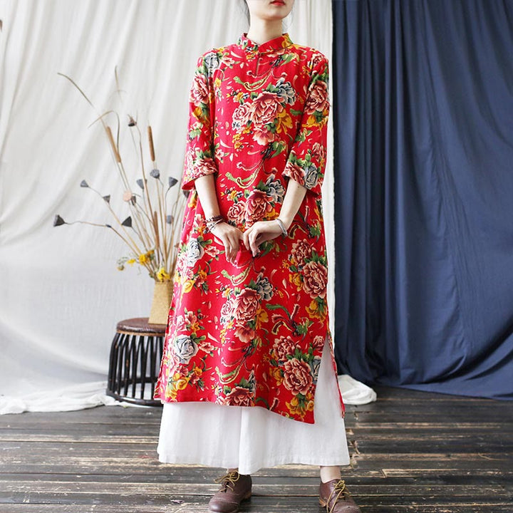 Buddha Stones Red Blue Peony Midi Dress Half Sleeve Cotton Linen Dress Wide Leg Pants With Pockets