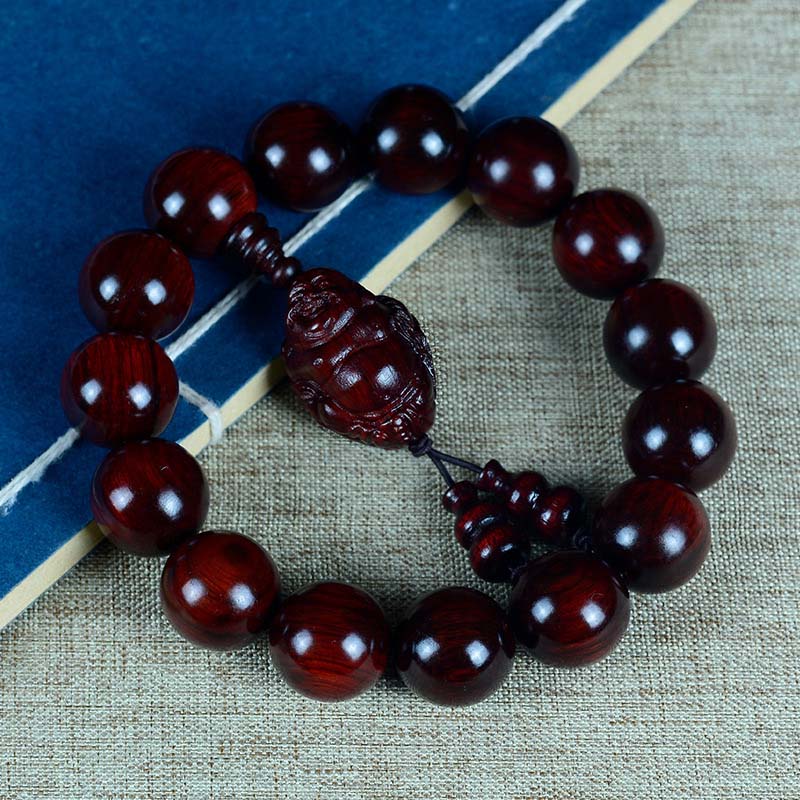 Buddha Stones Small Leaf Red Sandalwood Laughing Buddha God of Wealth Protection Bracelet