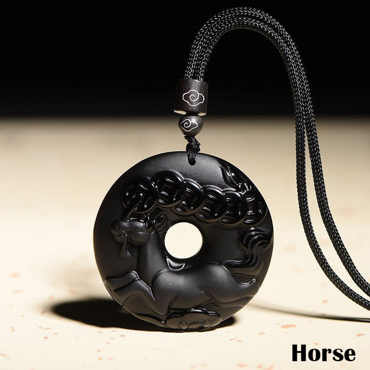 Buddha Stones Chinese Zodiac Natural Black Obsidian Peace Buckle Strength Necklace Pendant - Horse - image 17