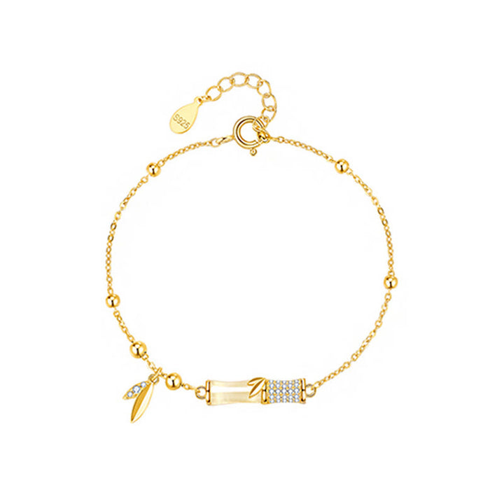 Buddha Stones 925 Sterling Silver 18K Gold Plated White Jade Bamboo Zircon Leaf Luck Bracelet - image 12