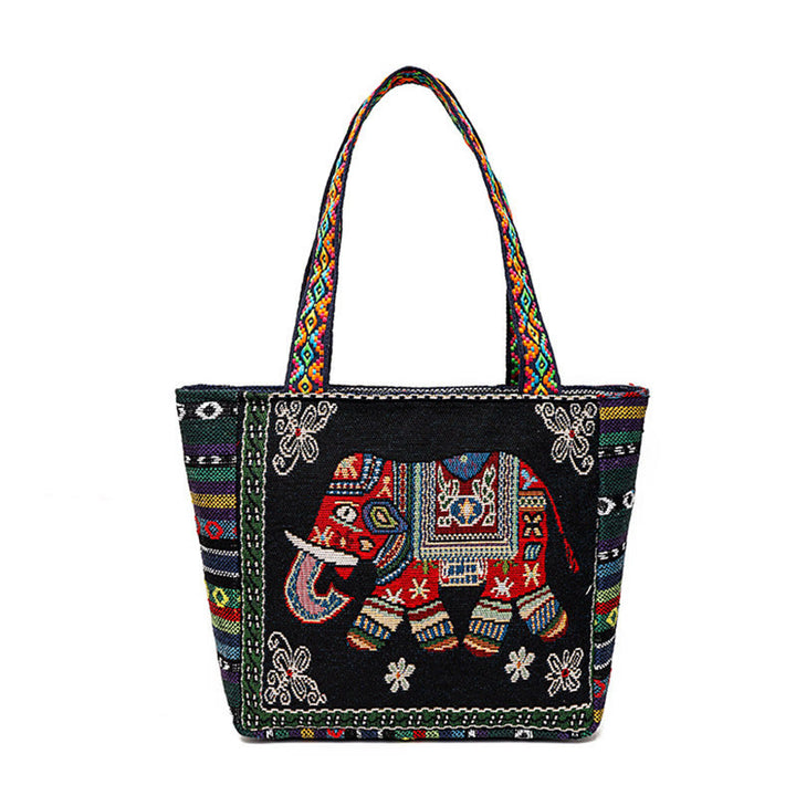 Elephant Butterfly Embroidered Large Capacity Canvas Tote Bag Shoulder Bag - Black Elephant - image 13