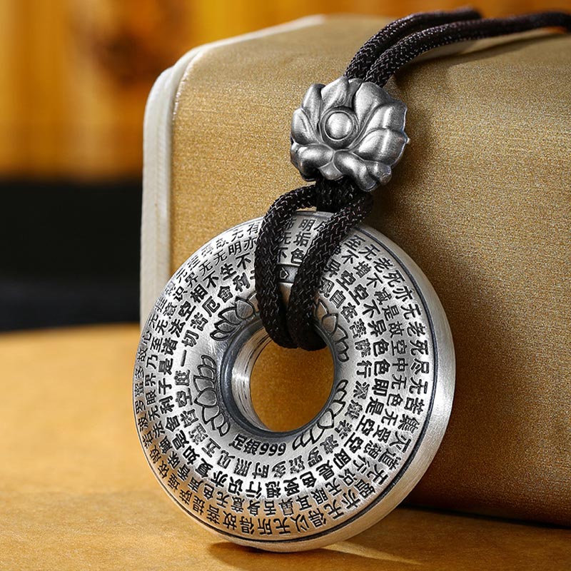 999 Sterling Silver Heart Sutra Lotus Peace Buckle Necklace Pendant - 999 Sterling Silver - image 1