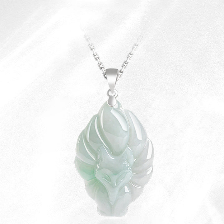 Buddha Stones Natural Jade Nine Tailed Fox Prosperity Titanium Steel Chain Necklace Pendant - image 5