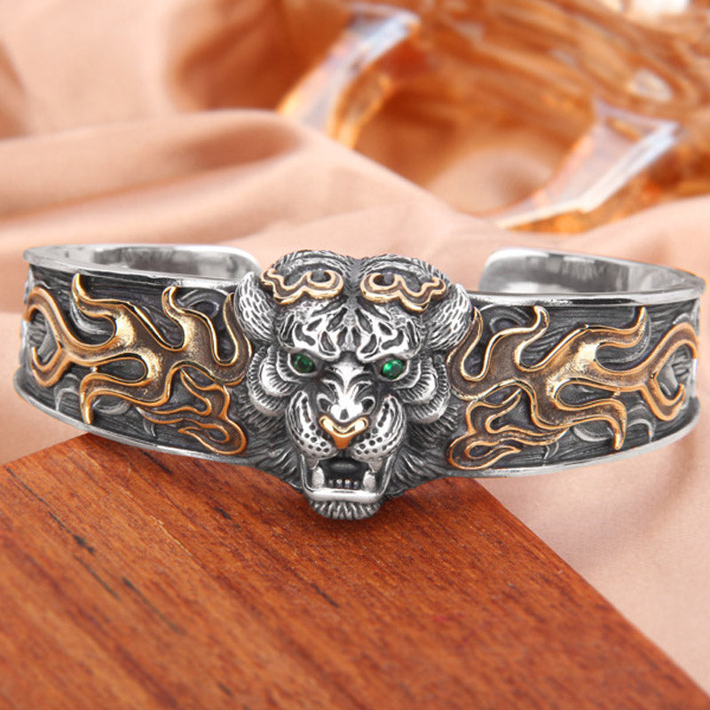925 Sterling Silver Chinese Zodiac Tiger Keep Away Evil Spirits Bracelet Bangle - image 2
