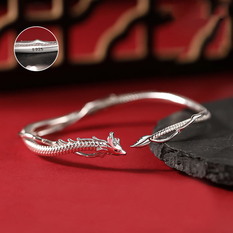 Buddha Stones 925 Sterling Silver Year of the Dragon Design Luck Metal Cuff Bracelet Bangle - image 3