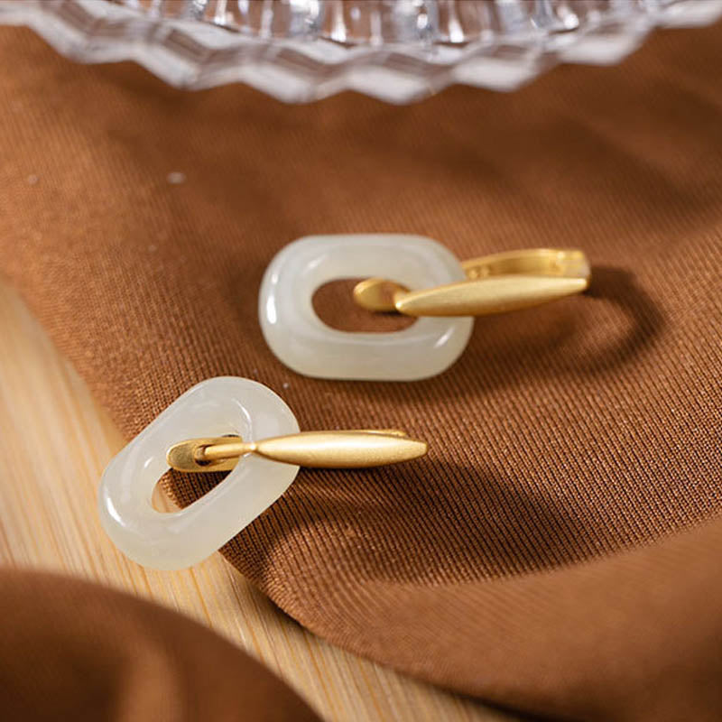 925 Sterling Silver Round White Jade Happiness Blessing Earrings - image 6