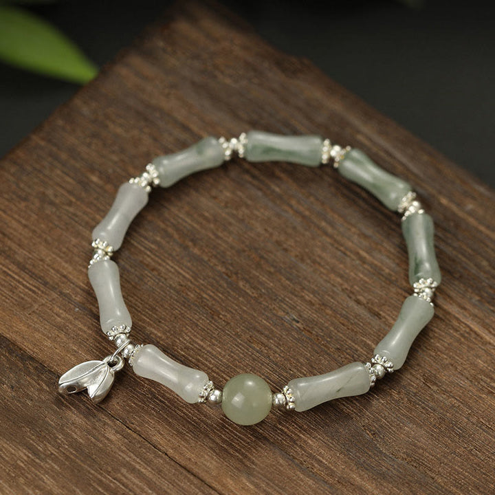 Buddha Stones 925 Sterling Silver Natural Tianshan Jade Bamboo Charm Luck Bracelet